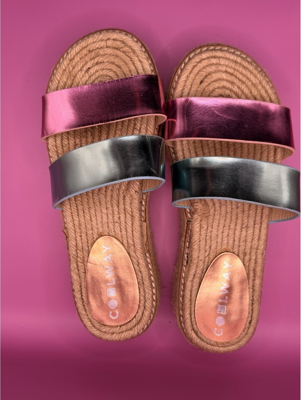 Coolway Women's Metallic Pink and Silver Slide Sandals Size